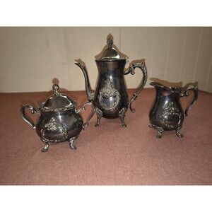 Leonard Silver Plate Coffee Tea Pot Sugar Creamer Lid Ornate Claw Feet Vintage